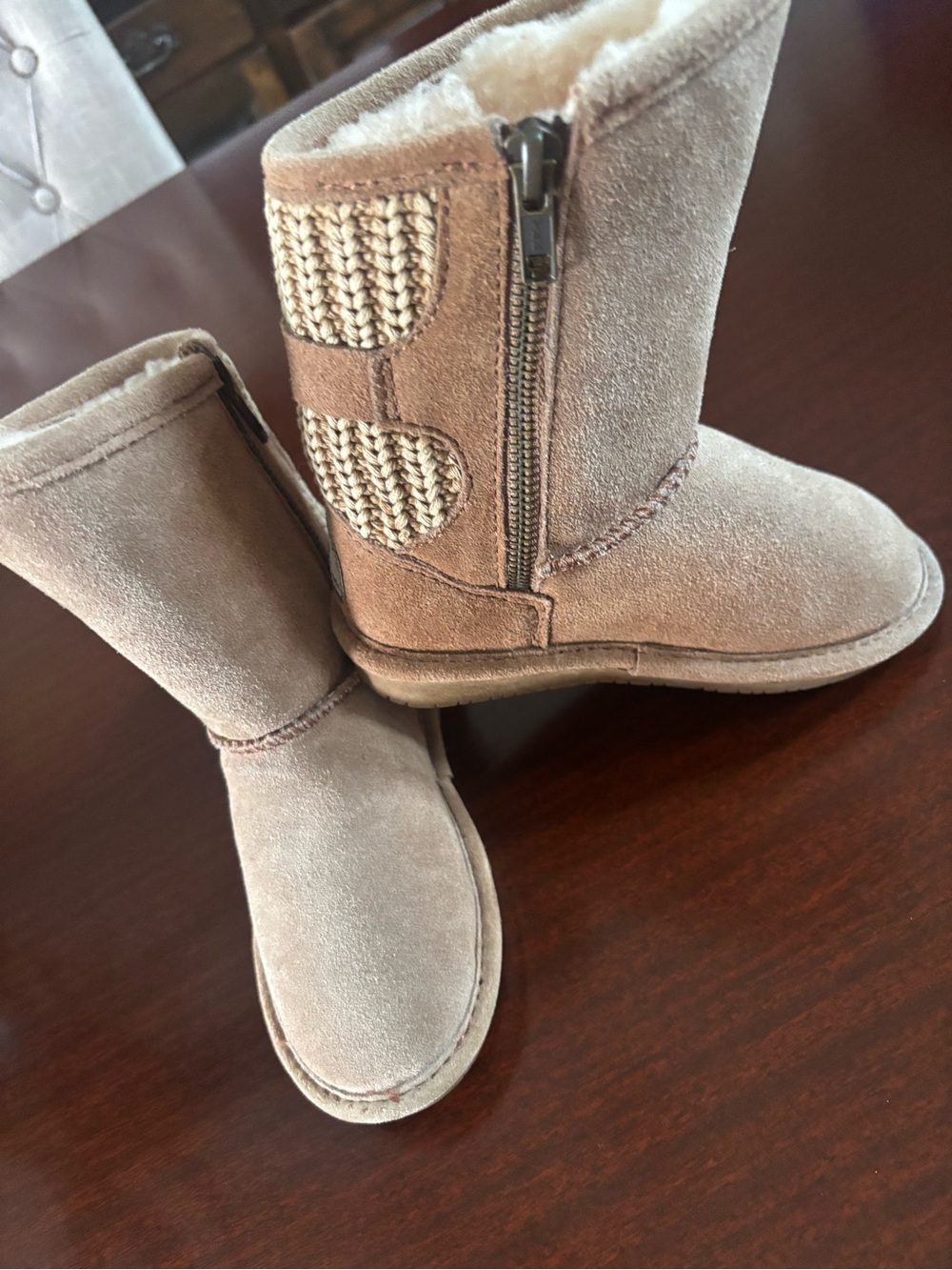BearPaw Kids Tan Suede Knit-Trim Buckle Winter Boots Size 11 Brand New With Tags - Picture 4 of 12